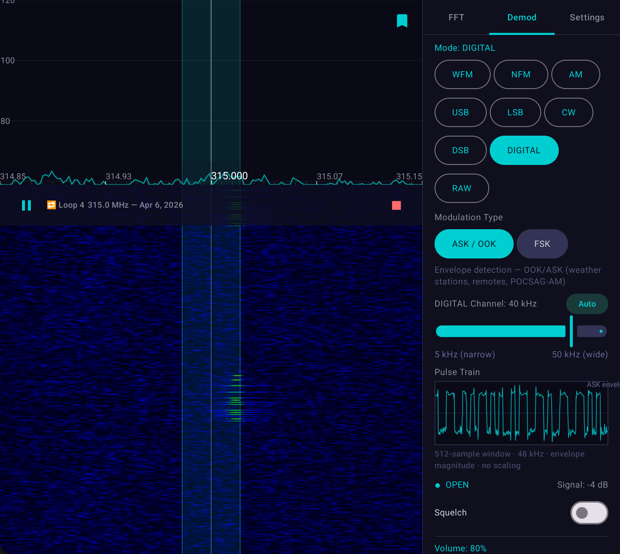 Real-time demodulation visualization showing pulse trains