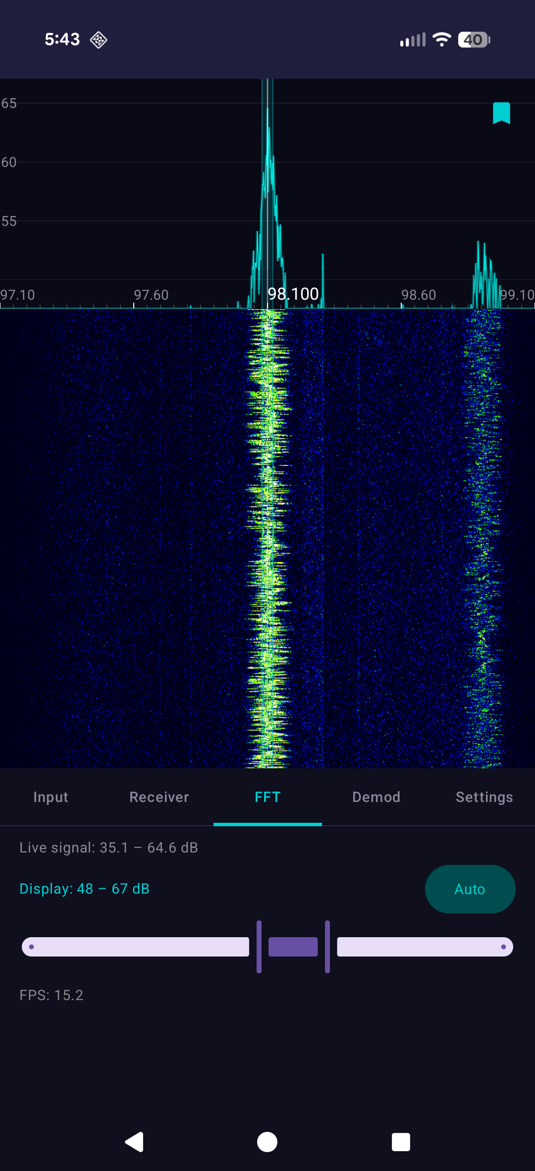 SDR Pro live spectrum display with waterfall and FFT