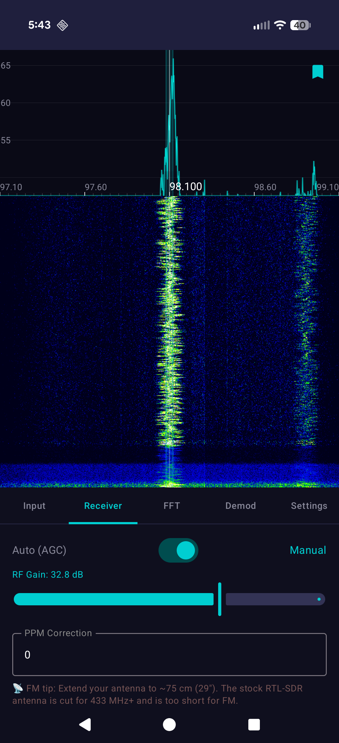 SDR Pro receiver interface with tuning and configuration options